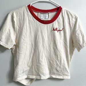 Kendall and Kylie Hell Yaas White Red Trim Crop Top Shirt with Cut Out Large